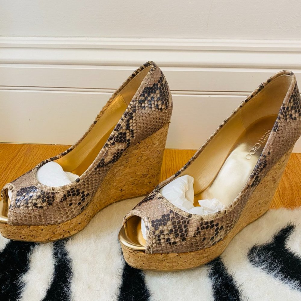 Jimmy Choo Python Snake Cork Wedge Platform Heels